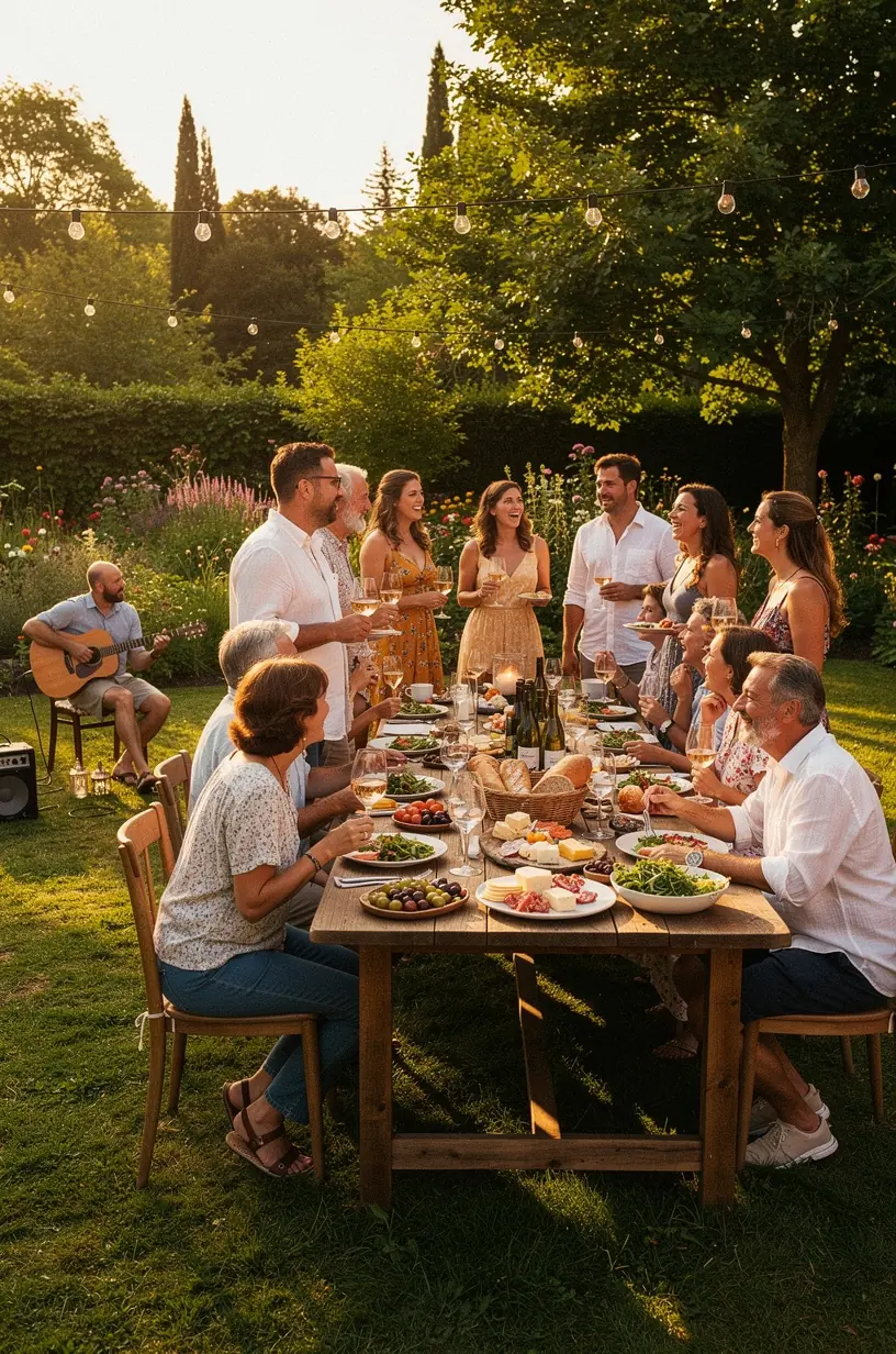 Intimate music salon gathering with musicians and attendees